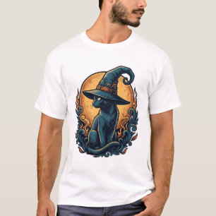 Camiseta Arte Vetorial de Gato de Bruxa Vintage Lua Hallowe