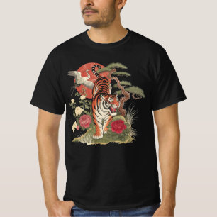 Camiseta Arte Vintage Japonesa do Grou do Tigre - Linocut R