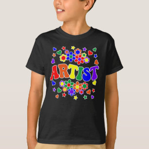 Camiseta ARTIST-Retro Groovy Vintage, Flores, Corações, Est