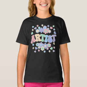 Camiseta ARTIST-Retro Groovy Vintage, Flores, Corações, Est