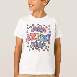 Camiseta ARTIST-Retro Groovy Vintage, Flores, Corações, Est