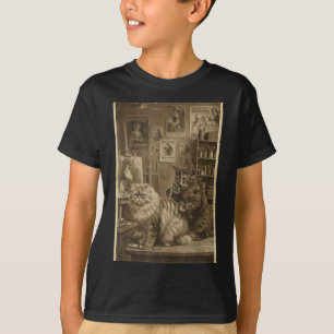 Camiseta Artista de Tatuagem de Gato Sepia Vintage Fofo