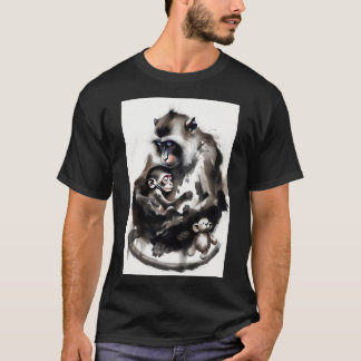 Camiseta Artistic Mother and Baby Monkey Ink Wash Illustrat