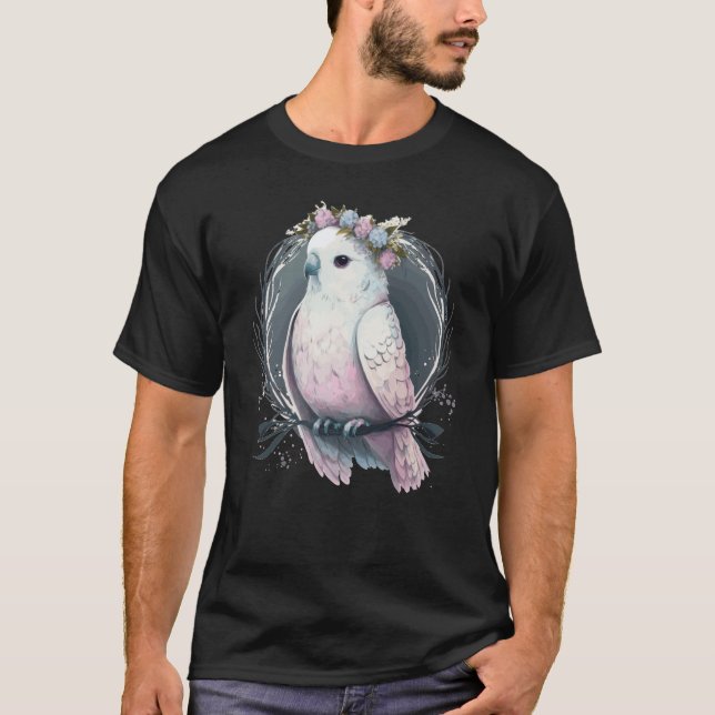 Camiseta Artistic White Parakeet Budgie Bird Flower Crown P (Frente)