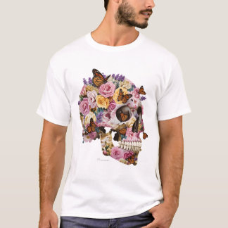 Camiseta Artística Crânio Floral e Borboletas Mona