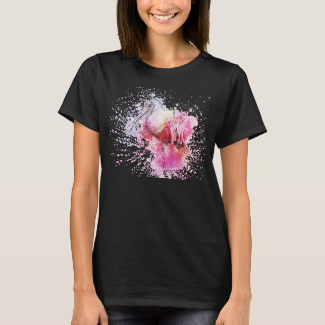 Camiseta Artsy Pink Roseate Spoonbill em Watercolor e tinta (Frente)