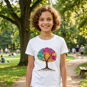 Camiseta Árvore abstrata com raízes e folhas coloridas.