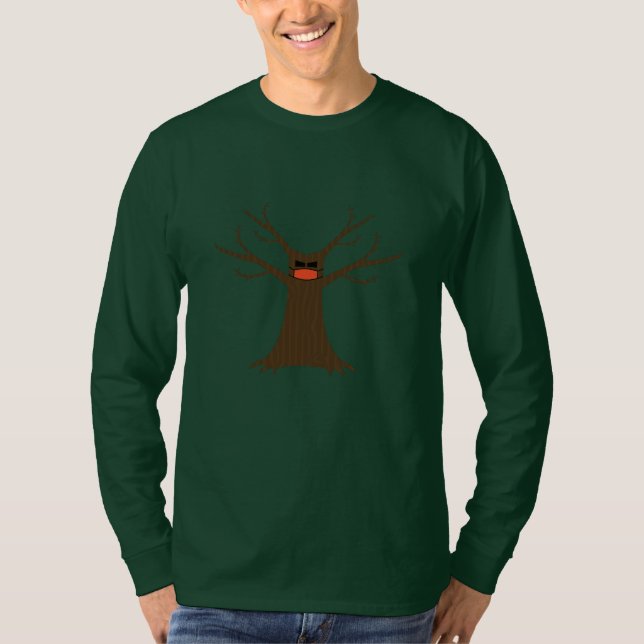Camiseta Árvore Assustadora Usando Máscara de Proteção Mang (Frente)