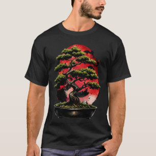 Camiseta Árvore Bonsai Japonesa com Lua Vermelha