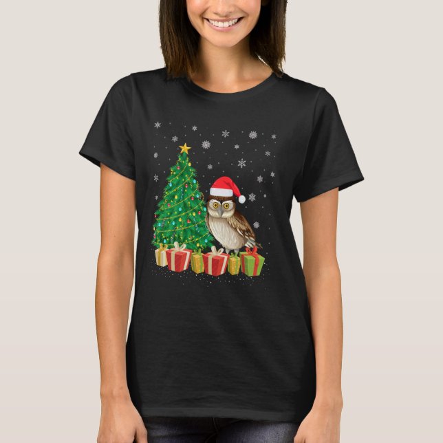 Camiseta Árvore de Barn Owl Xmas Iluminando Santa Hat Barn  (Frente)