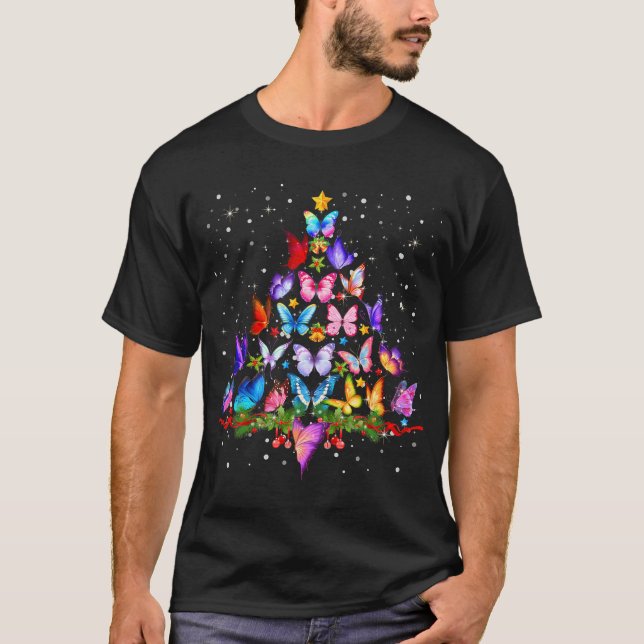 Camiseta Árvore de Borboleta Feliz de Natal (Frente)