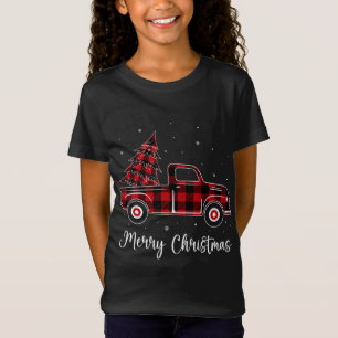 Camiseta Árvore de Caminhão de Xadrez Vermelha Feliz de Nat