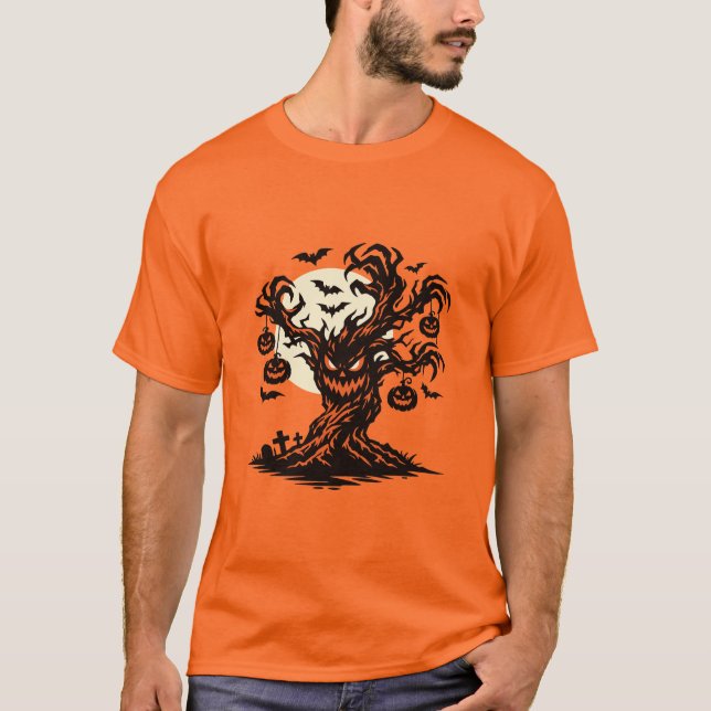Camiseta Árvore de Halloween Assombrada Jack O'Lantern (Frente)