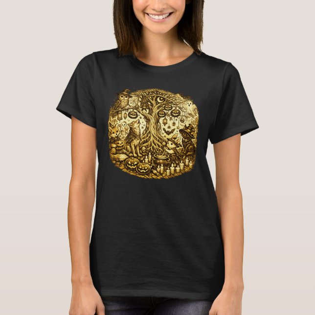 Camiseta Árvore de Halloween da Floresta dos Animais da Vid (Frente)