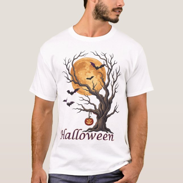 Camiseta Árvore de Halloween e Abóbora Jack-o'-Lantern (Frente)