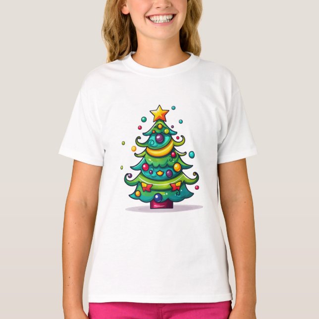 Camiseta Árvore de Natal Bonita com Ornamentos (Frente)