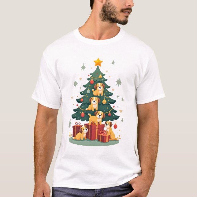 Camiseta Árvore de Natal Cachorro Fofo Divertido C (Frente)