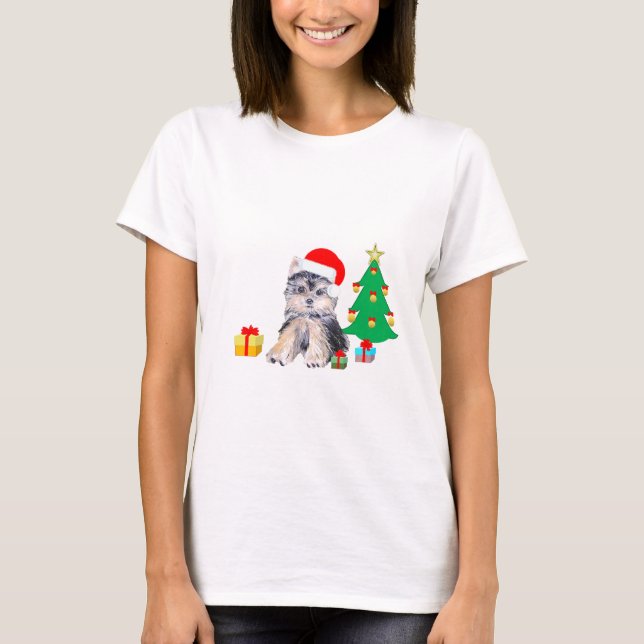 Camiseta Árvore de Natal, cão de cachorrinho Yorkshire e pr (Frente)