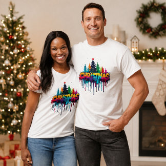 Camiseta Árvore de Natal Colorida com Gotejamento Arco-Íris