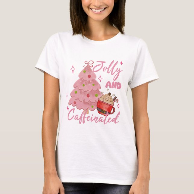 Camiseta Árvore de Natal com Café Alegre e Cafeinado Design (Frente)