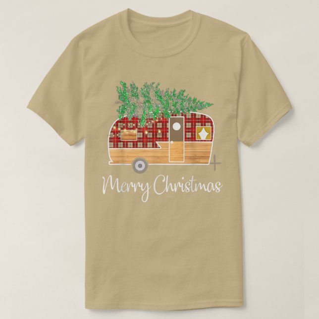 Camiseta Árvore de Natal com Luzes de Natal Alegre Plaid de (Frente do Design)