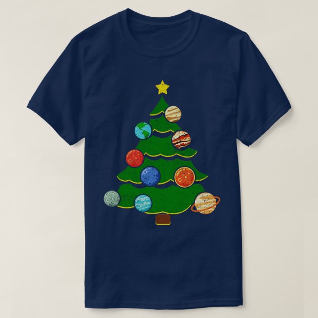 Camiseta Árvore de Natal com planetas do sistema solar (Frente do Design)