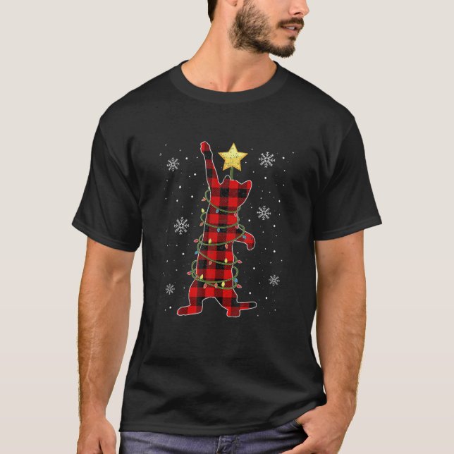 Camiseta Árvore de Natal da Xadrez de Natal Cat Pajama (Frente)