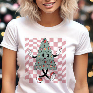 Camiseta Árvore de Natal Dançante Xadrez Rosa Retrô