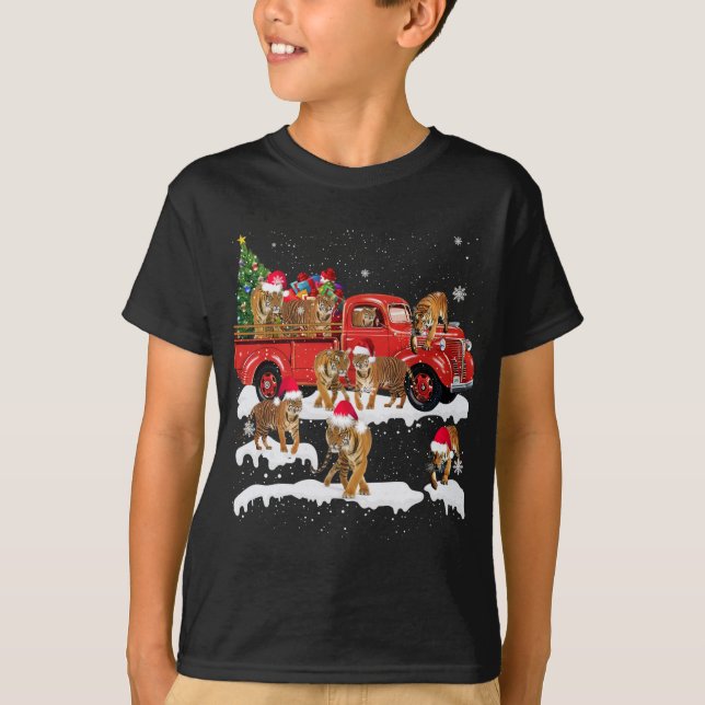 Camiseta Árvore de Natal de Caminhão Vermelho em T-rex Acre (Frente)