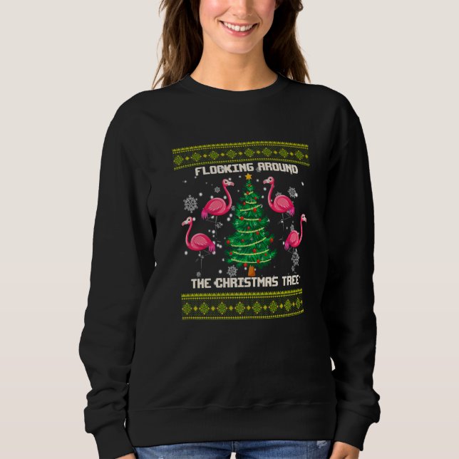 Camiseta Árvore de Natal de Flamingo com Flocos em Volta (Frente)