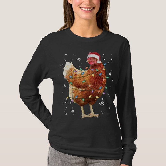 Camiseta Árvore de Natal de Frango Luz Santa Hat Feliz Nata (Frente)