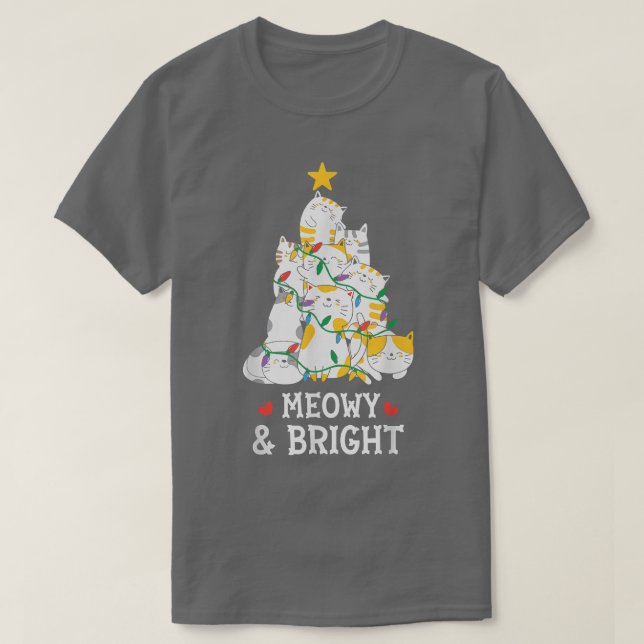Camiseta Árvore de Natal de Gato Brilhante e Feliz Natal Me (Frente do Design)