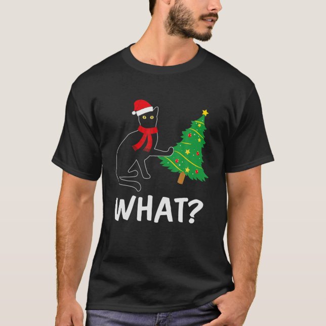 Camiseta Árvore de Natal de Gato Negro Engraçado Sobre Gato (Frente)