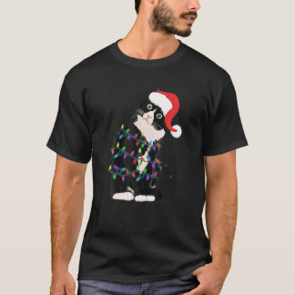 Camiseta Árvore de Natal de Gato Negro Luzes Papais noeis e