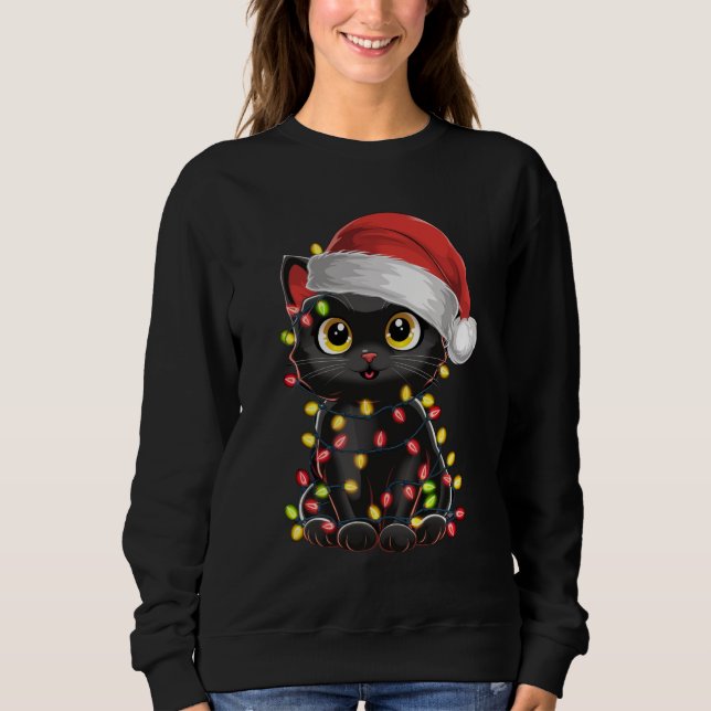 Camiseta Árvore de Natal de Gato Negro Luzes Papais noeis e (Frente)