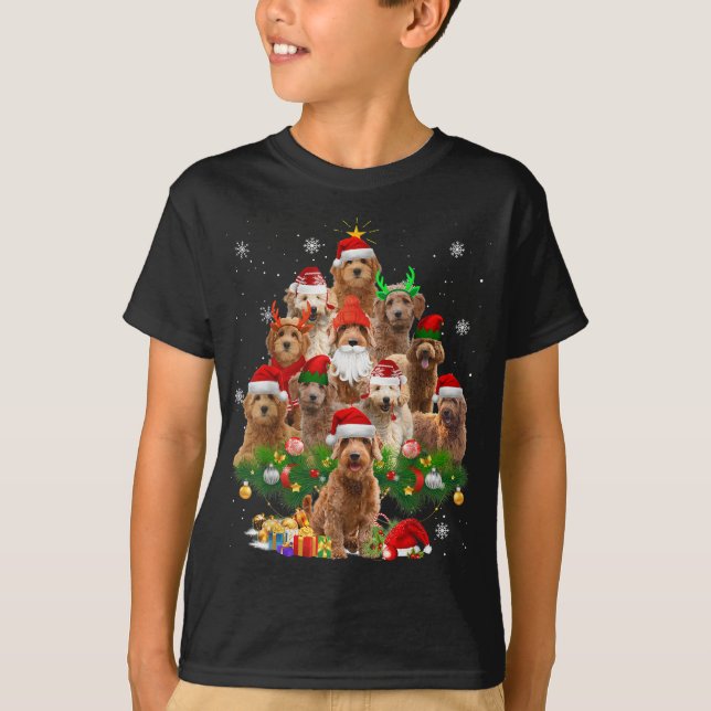 Camiseta Árvore de Natal de Goldendoodle Luz Engraçada Cach (Frente)