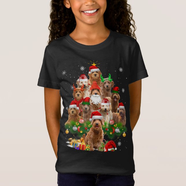 Camiseta Árvore de Natal de Goldendoodle Luz Engraçada Cach (Frente)