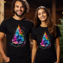 Camiseta Árvore de Natal de Neon Watercolor, feliz e brilha