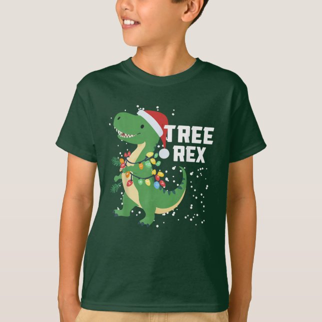 Camiseta Árvore de Natal Dinossauro Rex Pajamas Luzes de Na (Frente)