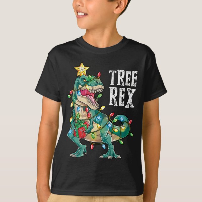 Camiseta Árvore de Natal Dinossauro Rex Pajamas Luzes de Na (Frente)