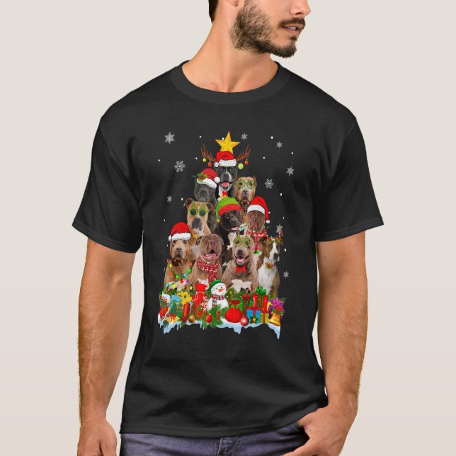 Camiseta Árvore de Natal do Cão Pitbull Luzes Xmas Santa Ha (Frente)