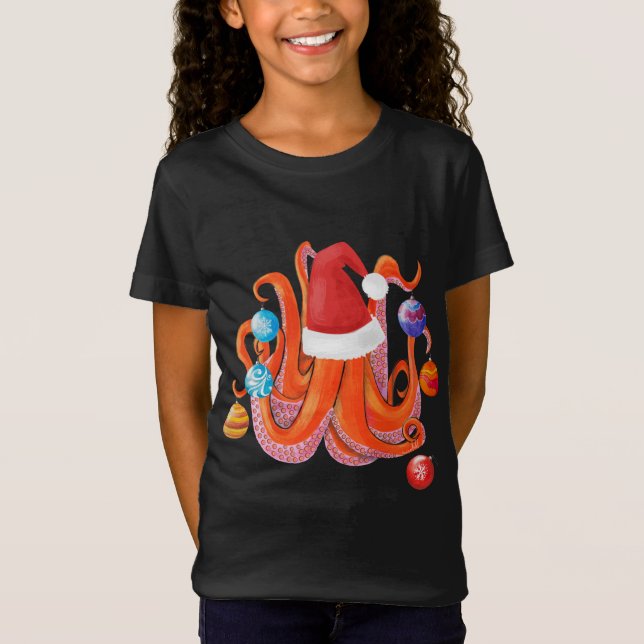 Camiseta Árvore de Natal Engraçado Octopus Santa Hat (Frente)