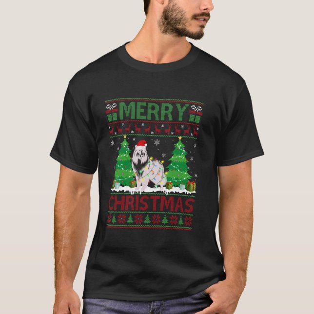 Camiseta Árvore de Natal Feia Iluminando o Cachorro Collie  (Frente)