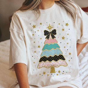 Camiseta Árvore de Natal Festiva com Brilho Fofo Padrão de