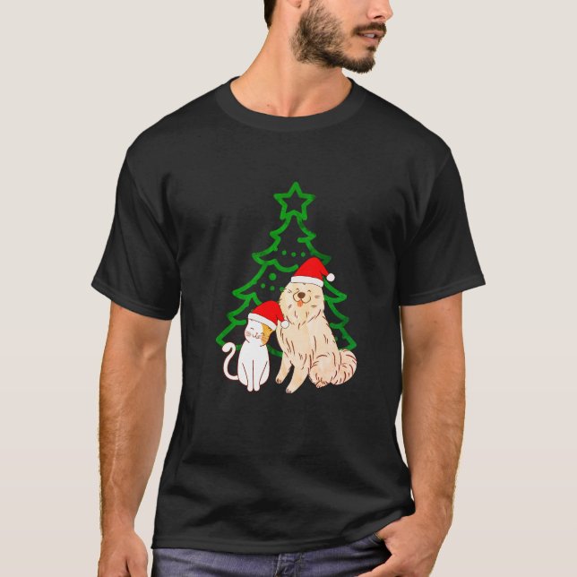 Camiseta Árvore de Natal Gato e Cachorro Sorriem Clássico (Frente)