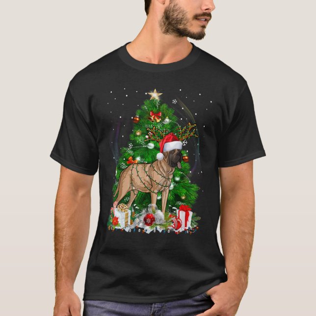 Camiseta Árvore de Natal Mastiff Light Pajama Dog Xmas (Frente)