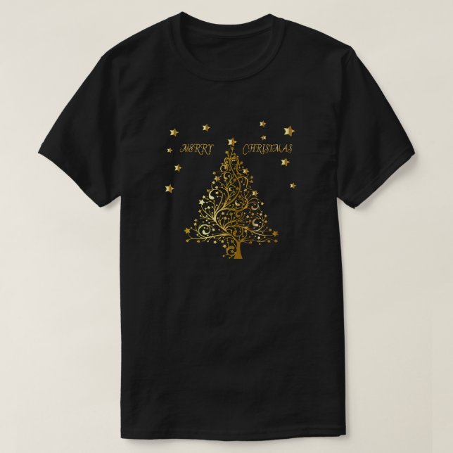 Camiseta Árvore de Natal metálica estrelado bonita do ouro (Frente do Design)