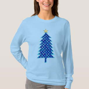 Camiseta Árvore de Natal Mínima Moderna com Estrelas Azuis