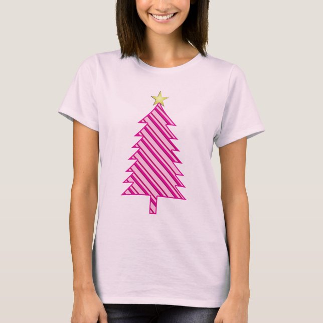 Camiseta Árvore de Natal moderna em faixas de hortelã rosa (Frente)