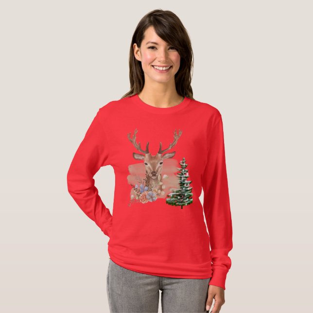 Camiseta Árvore de Natal Rústica com Aquarela Marrom-Bege (Frente Completa)